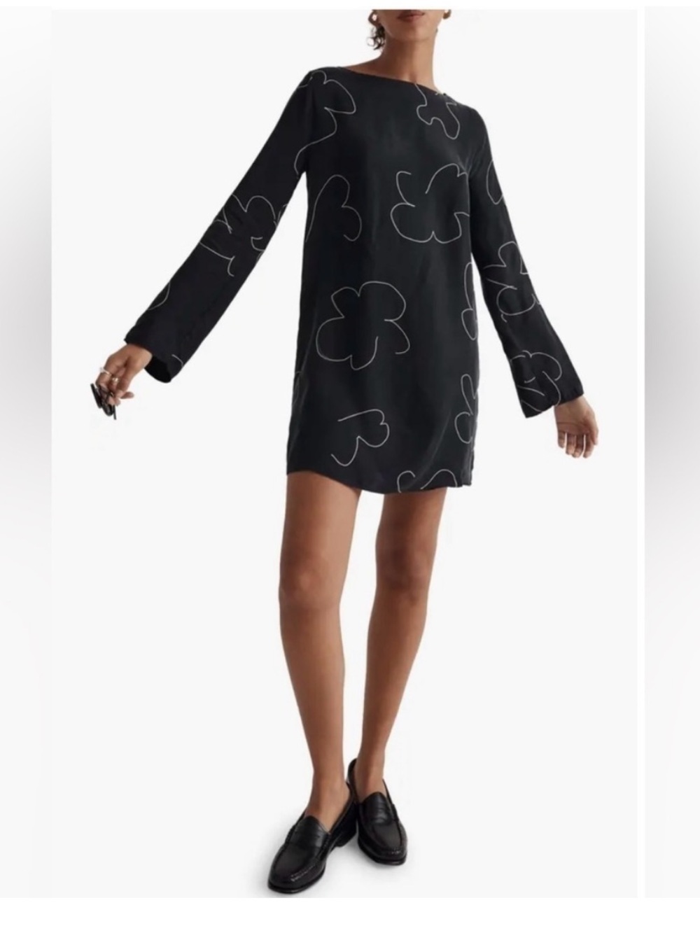Madewell Black Long-Sleeve Dress with Cream Outline Floral Print